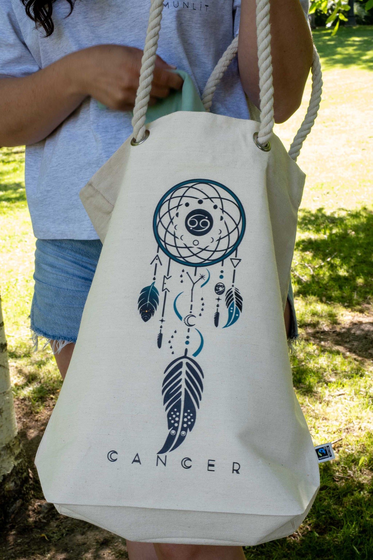 TOTE BAG VIBE CANCER – Bolsa de algodón orgánico con atrapasueños del zodíaco
