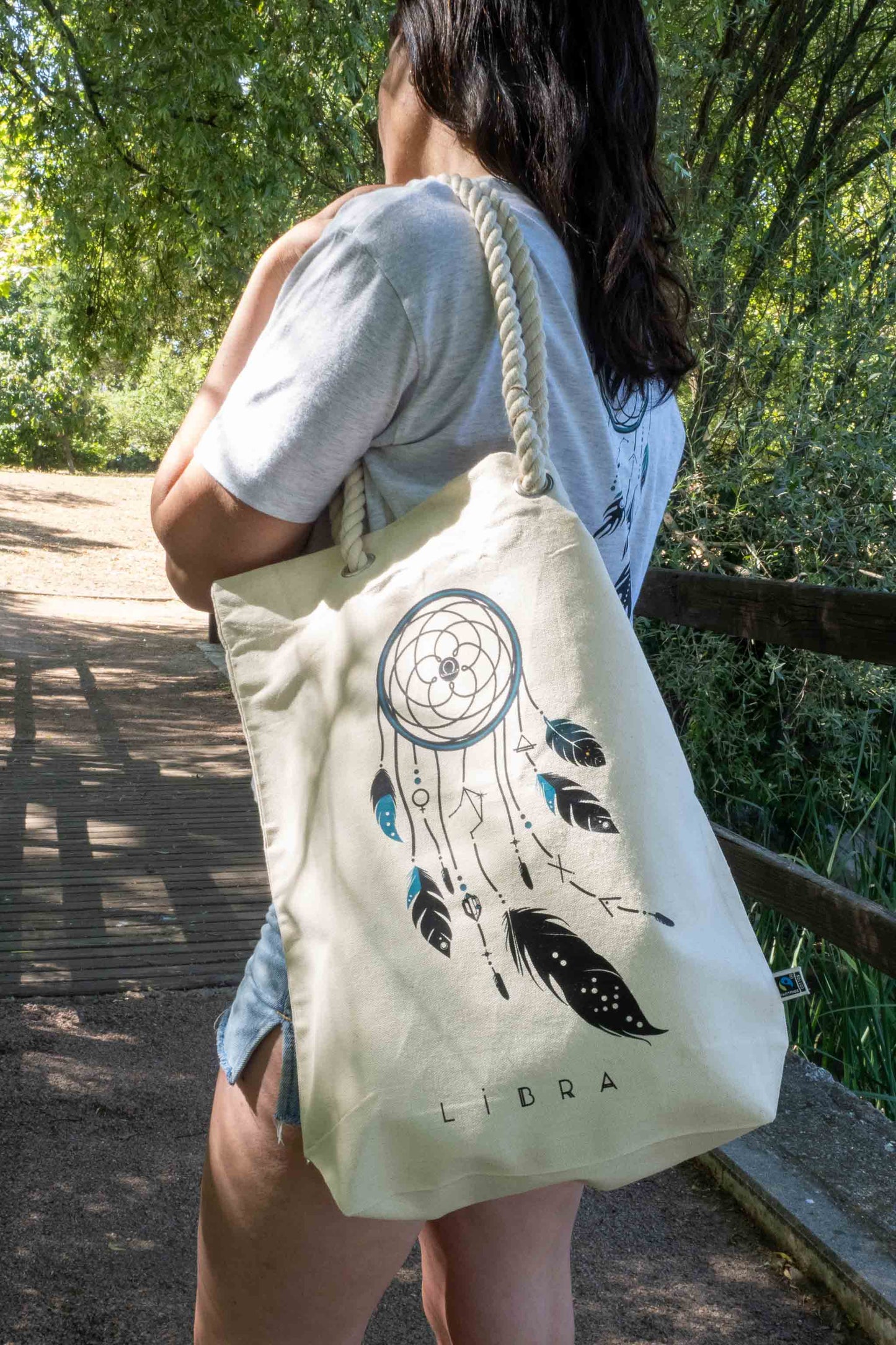 TOTE BAG VIBE LIBRA – Bolsa de algodón orgánico con atrapasueños del zodíaco