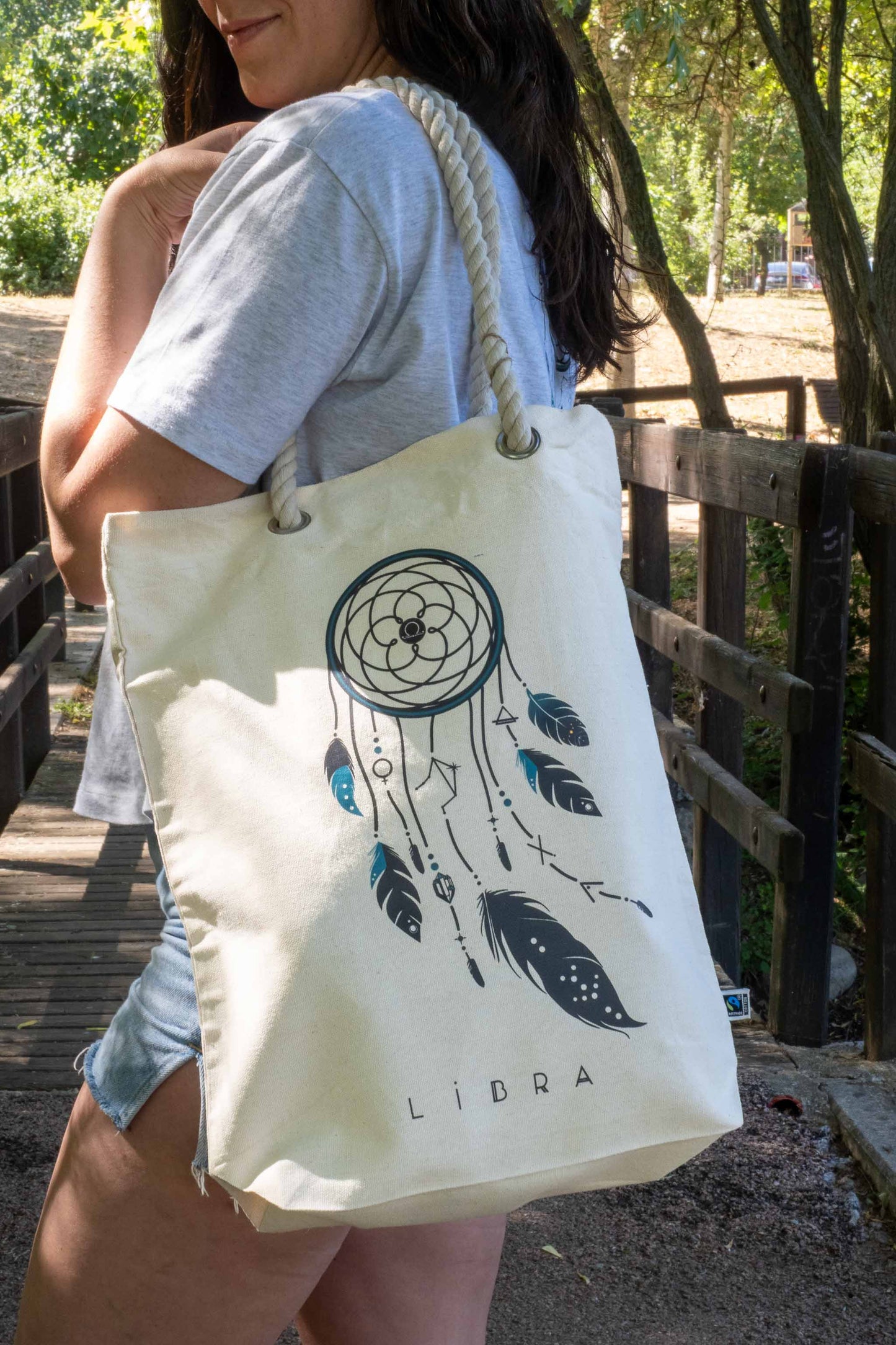 TOTE BAG VIBE LIBRA – Bolsa de algodón orgánico con atrapasueños del zodíaco