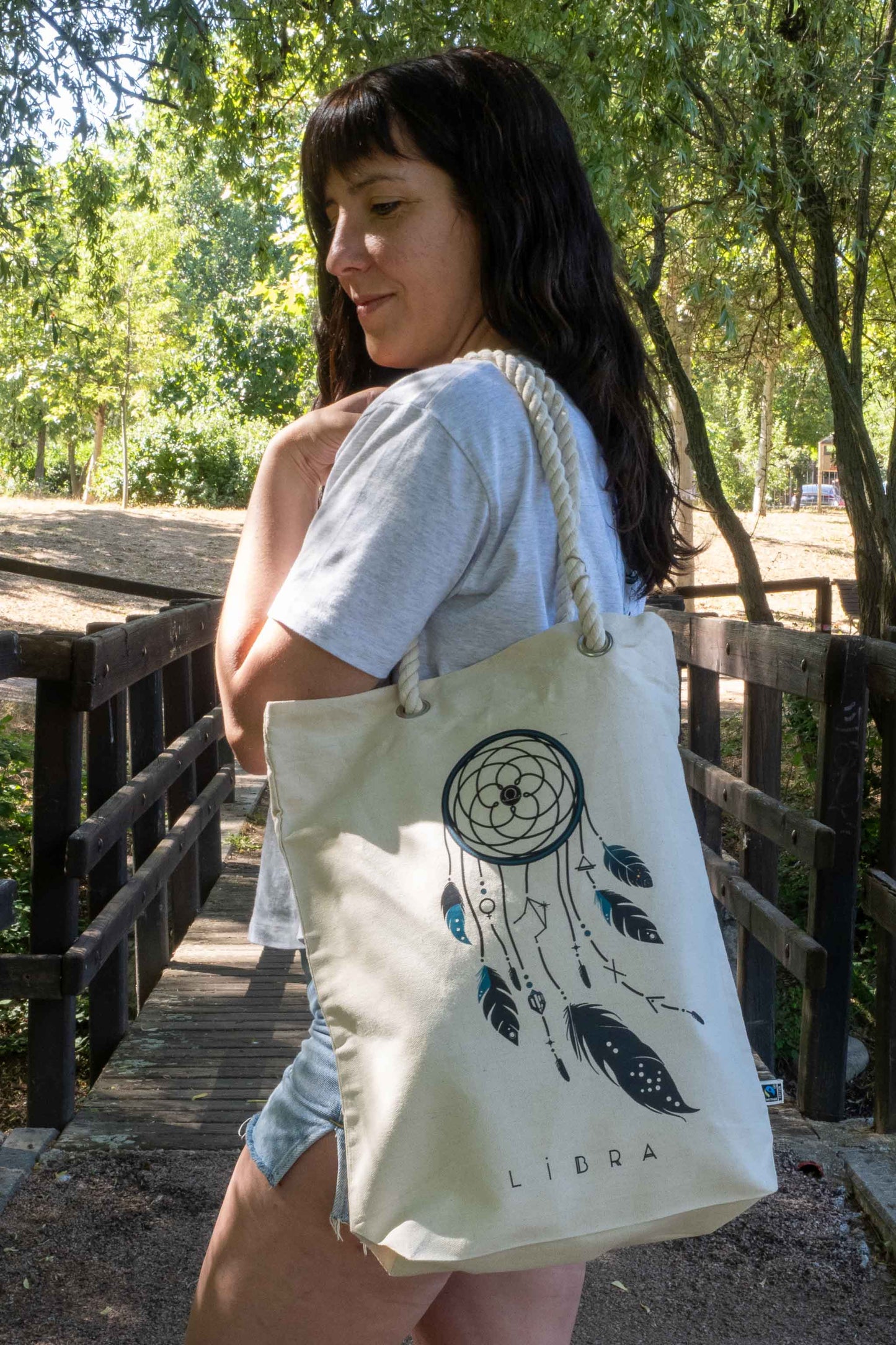 TOTE BAG VIBE LIBRA – Bolsa de algodón orgánico con atrapasueños del zodíaco