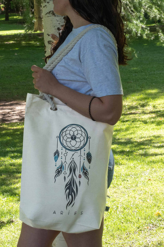 TOTE BAG VIBE ARIES – Bolsa de algodón orgánico con atrapasueños del zodíaco
