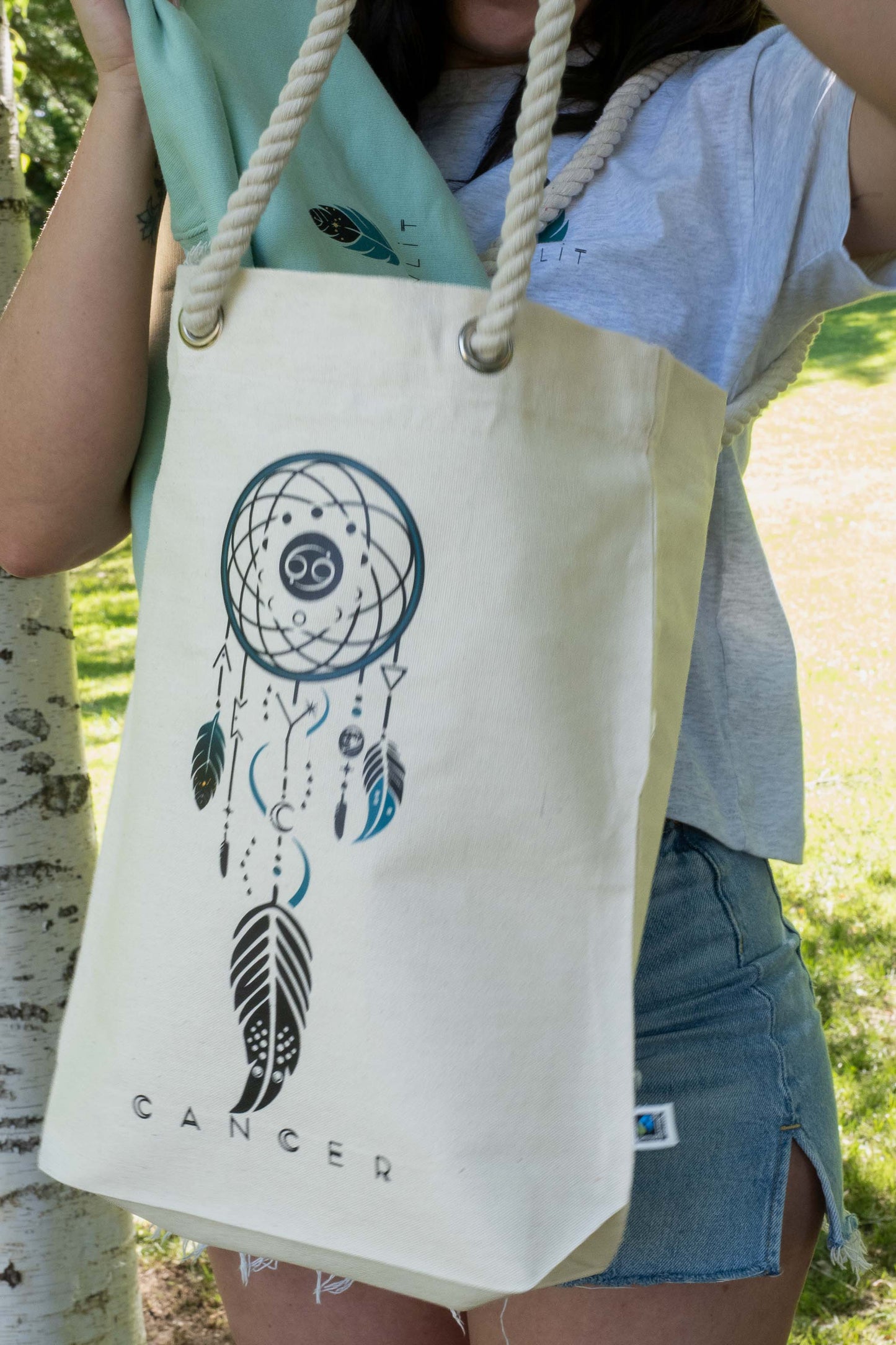 TOTE BAG VIBE CANCER – Bolsa de algodón orgánico con atrapasueños del zodíaco