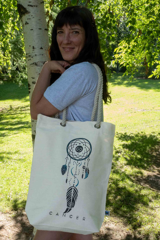 TOTE BAG VIBE CANCER – Bolsa de algodón orgánico con atrapasueños del zodíaco