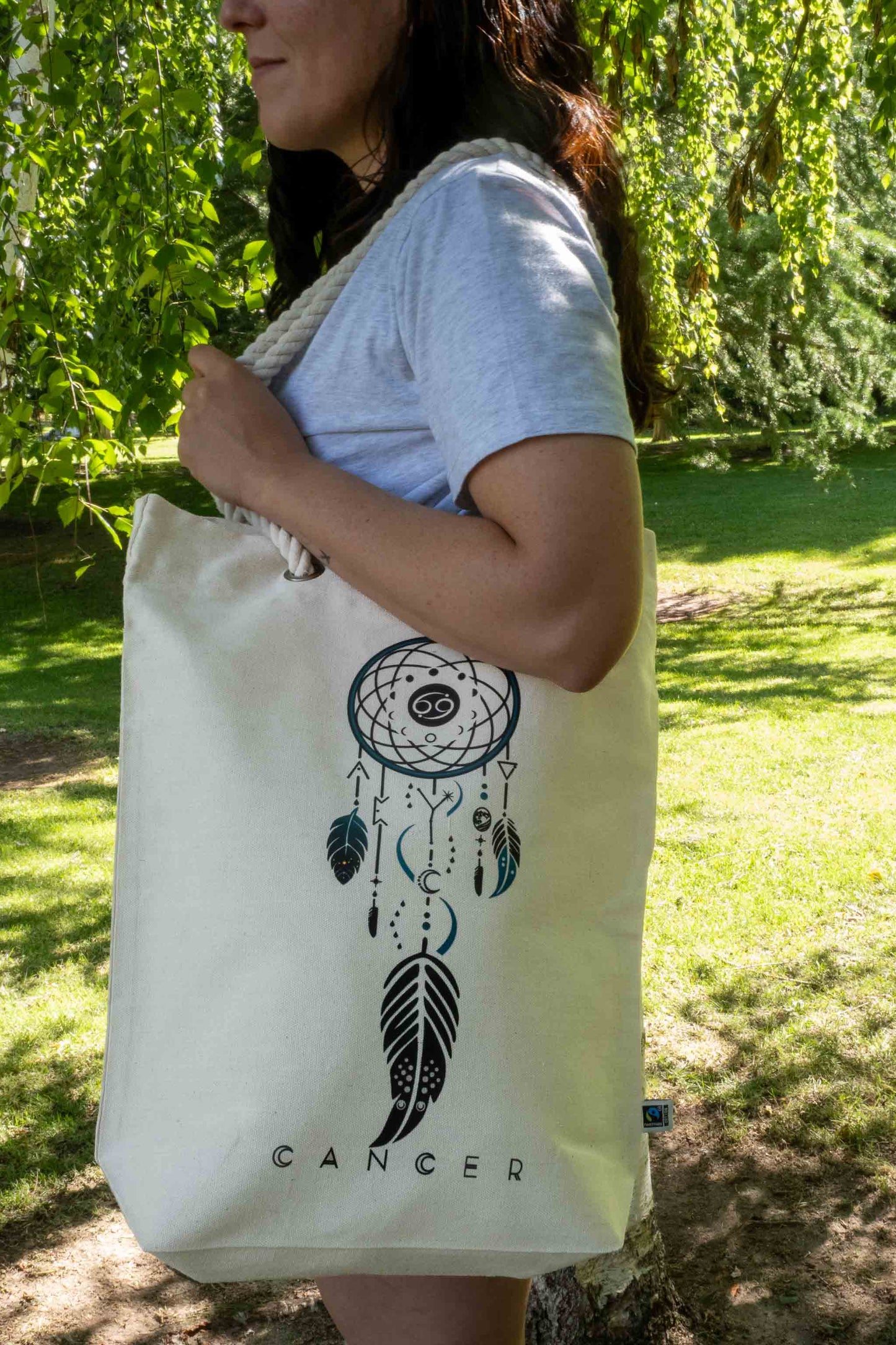 TOTE BAG VIBE CANCER – Bolsa de algodón orgánico con atrapasueños del zodíaco