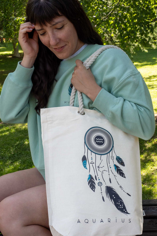 TOTE BAG VIBE ACUARIO – Bolsa de algodón orgánico con atrapasueños del zodíaco
