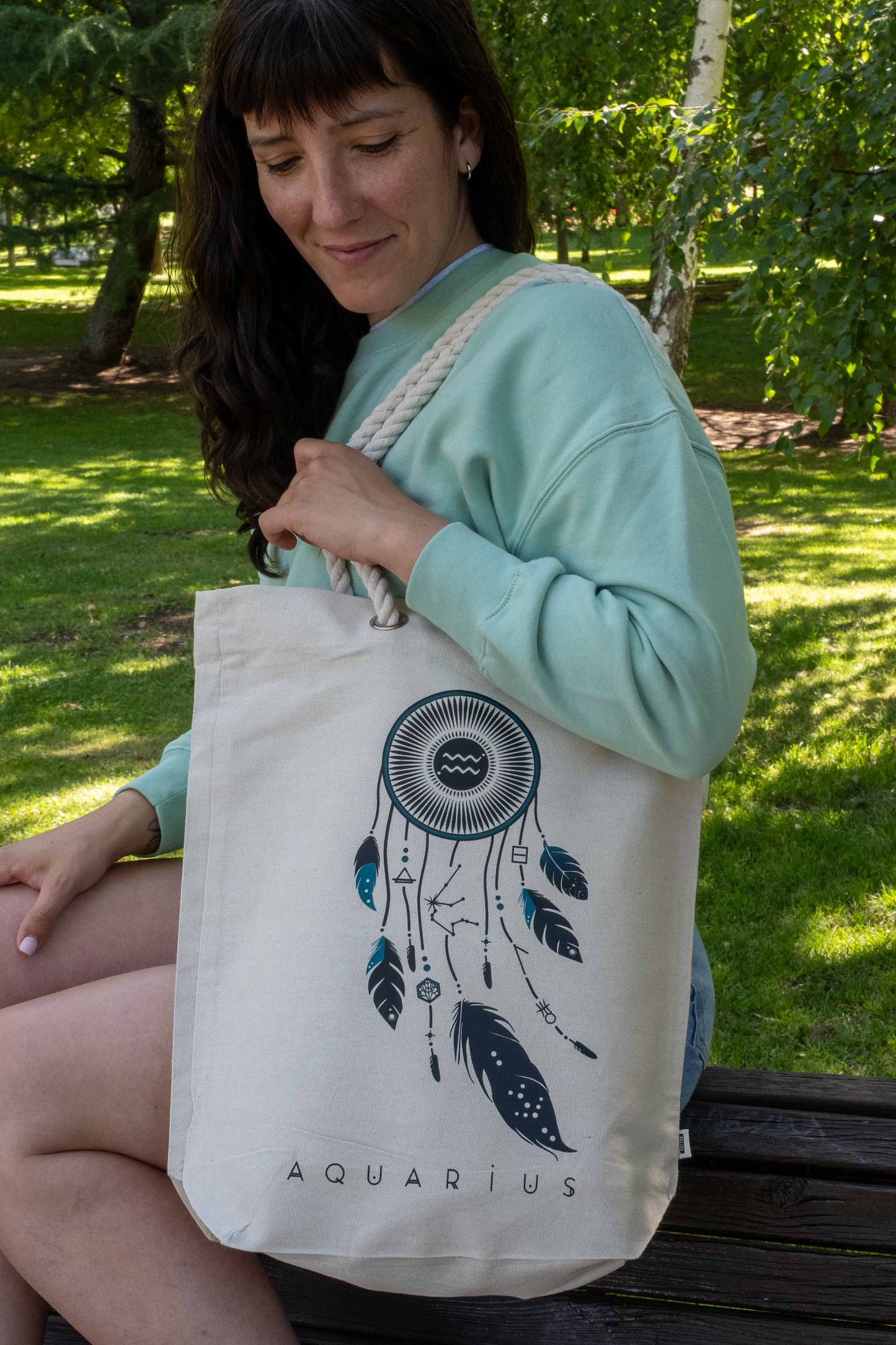 TOTE BAG VIBE ACUARIO – Bolsa de algodón orgánico con atrapasueños del zodíaco