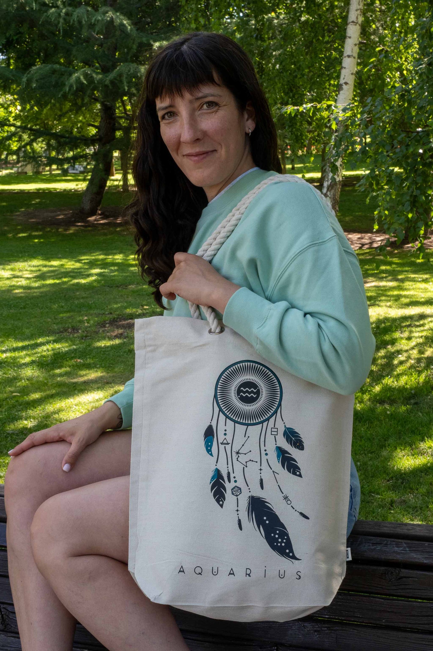 TOTE BAG VIBE ACUARIO – Bolsa de algodón orgánico con atrapasueños del zodíaco